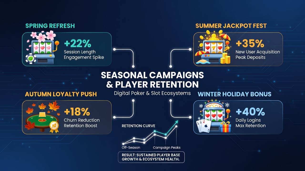 Grafieken en data over retentie in poker en slots tijdens seizoenscampagnes